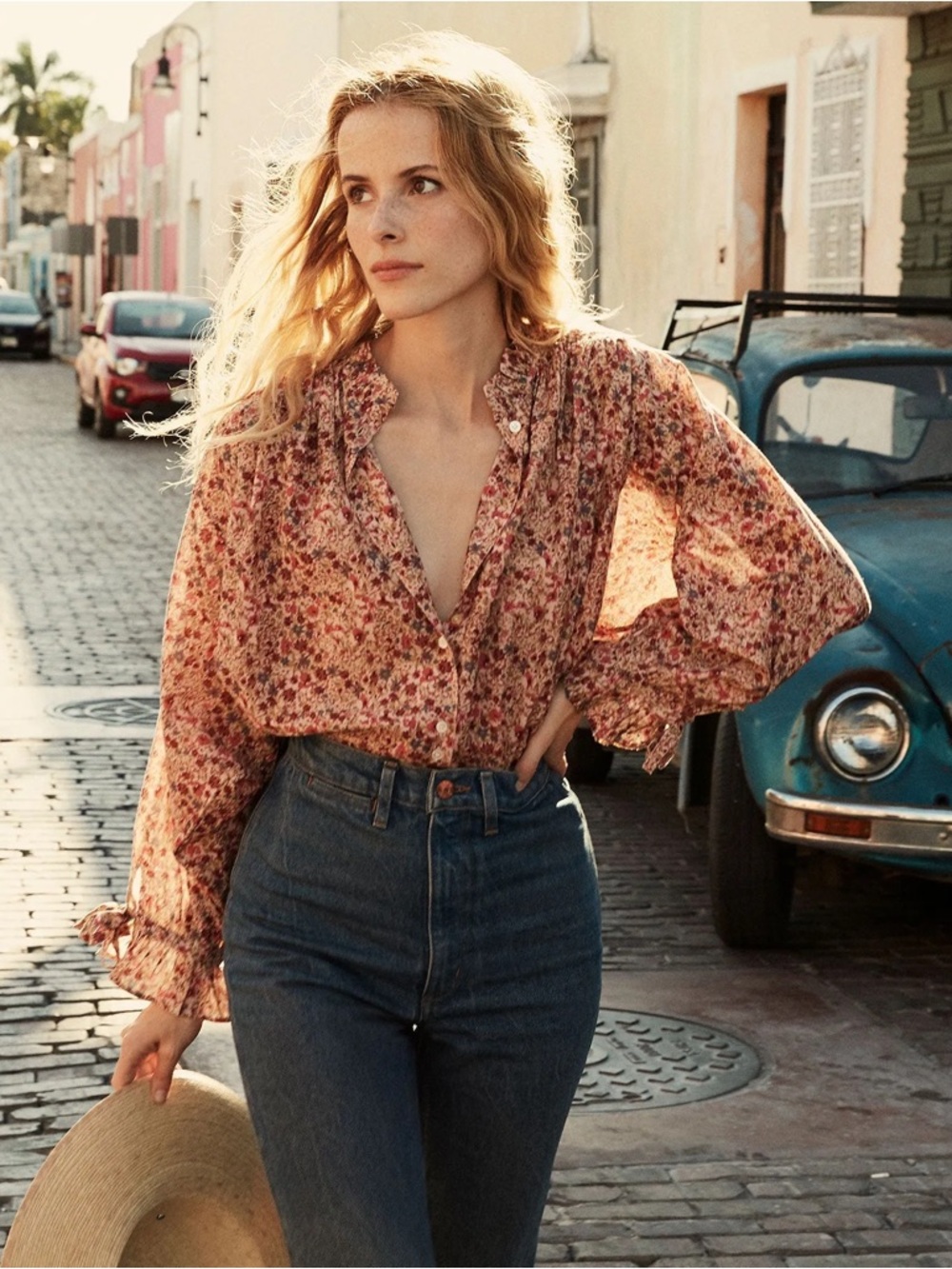 DOEN Jane Floral Button-Front Blouse in rose size XS